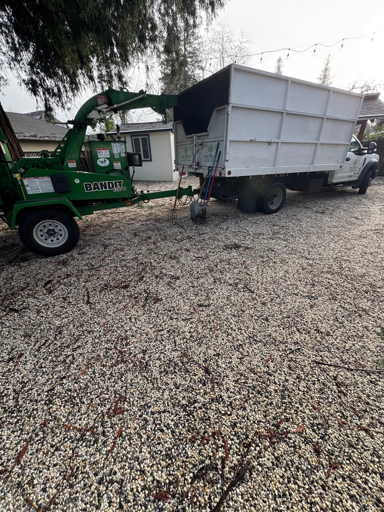 Green Bandit wood chipper connected to white trailer truck on gravel driveway